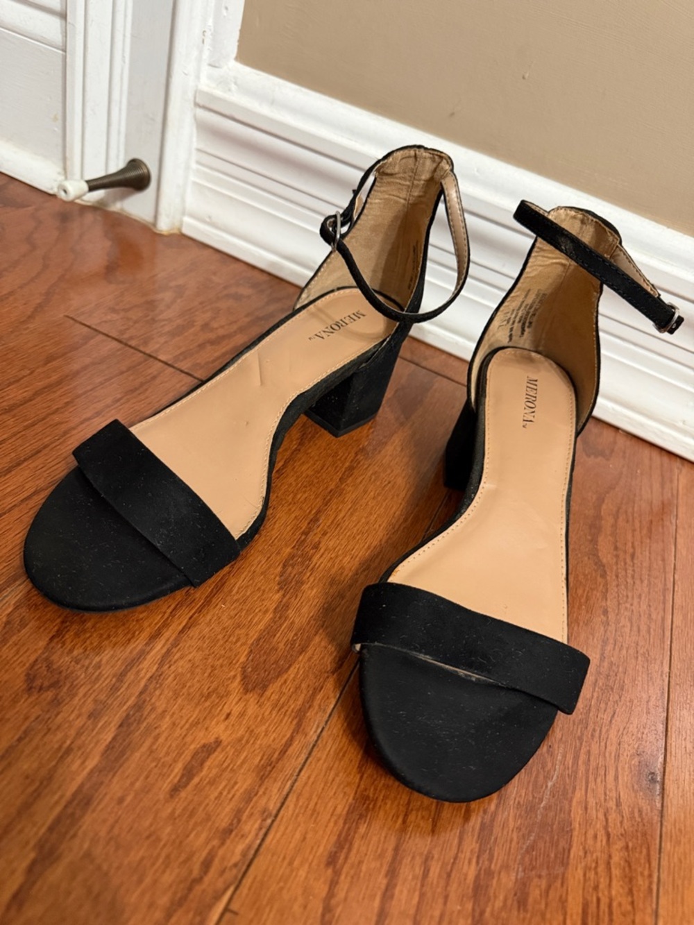 Merona Black Suede open toe 2 1/2” heels - Size 7.5 W